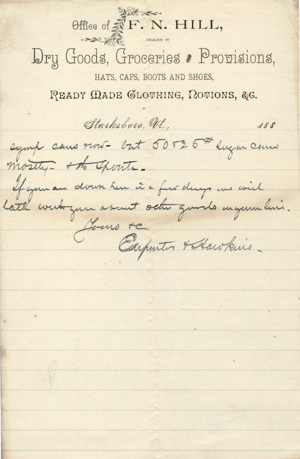 Carpenter and Hawkins letter dated March 16, 1887