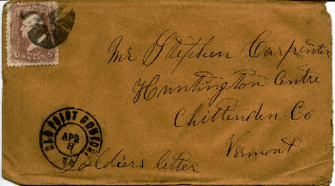 A Soldiers Letter Home J V Carpenter Starksboro, Vermont (VT) Envelope