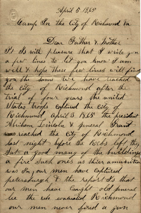 A Soldiers Letter Home J V Carpenter Starksboro, Vermont (VT) Page 1