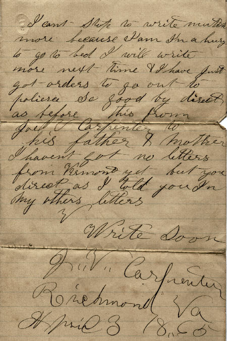 A Soldiers Letter Home J V Carpenter Starksboro, Vermont (VT) Page 3
