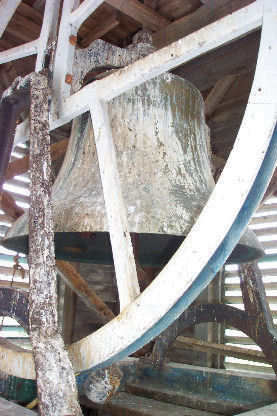 Troy Bell Foundry bell in the belfry of the Starksboro Village Meeting House in Starksboro, Vermont looking at the bell and rope wheel