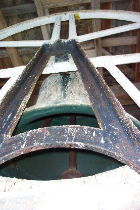 Troy Bell Foundry bell in the belfry of the Starksboro Village Meeting House, Starksboro, Vermont, as seen on May 5, 2005 looking up from the access hatch