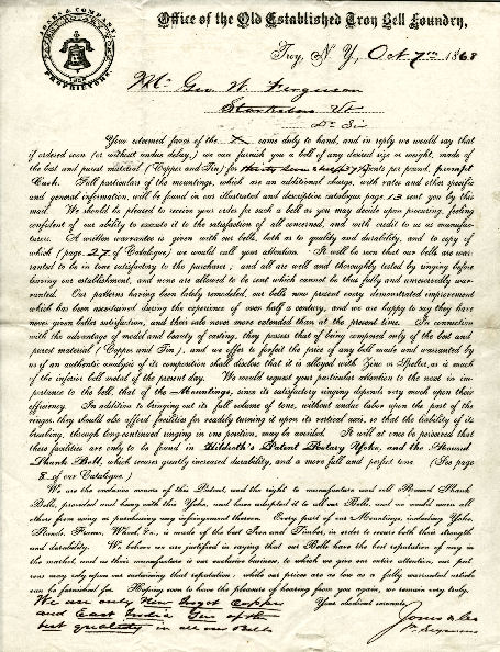 quotation from the Old Established Troy Bell Foundry to George Ferguson dated October 7, 1868 for a bell for the Starksboro Village Meeting House, Starksboro, Vermont