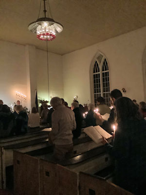 Lighting the Chandilier at the Starksboro Village Meeting House