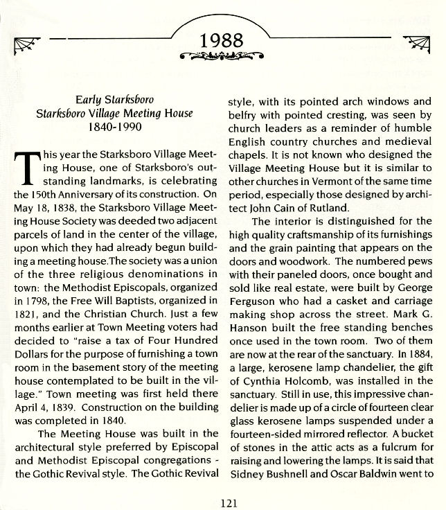 Bertha's Book - A View of Starksboro's History, Chapter 1988, Starksboro Village Meeting House, Starksboro, Vermont pg. 121